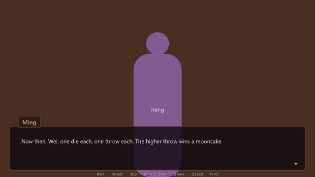 A placeholder character, Ming, proposing a dice game for a mooncake