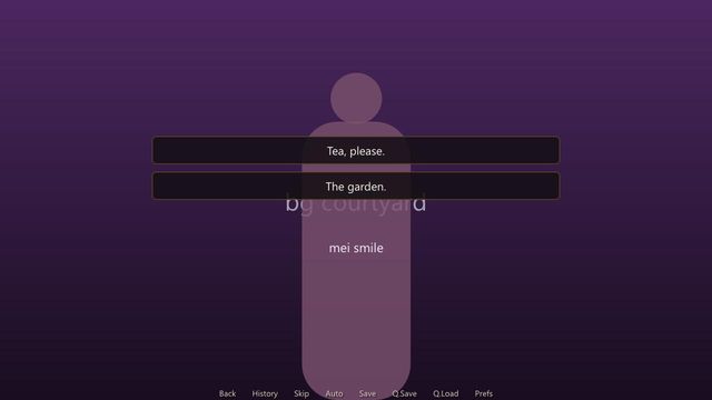 A placeholder silhouette labelled mei smile over a gradient labelled bg courtyard, with two choices