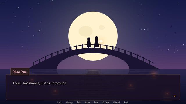 Two figures on an arched bridge against a full moon reflected in the water