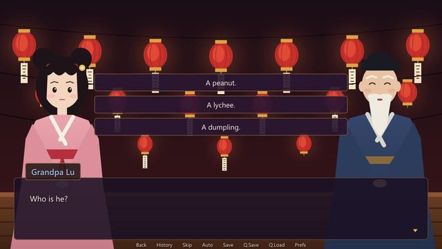 Moon Festival Riddles: a girl and Grandpa Lu under red lanterns, with three answers to a riddle