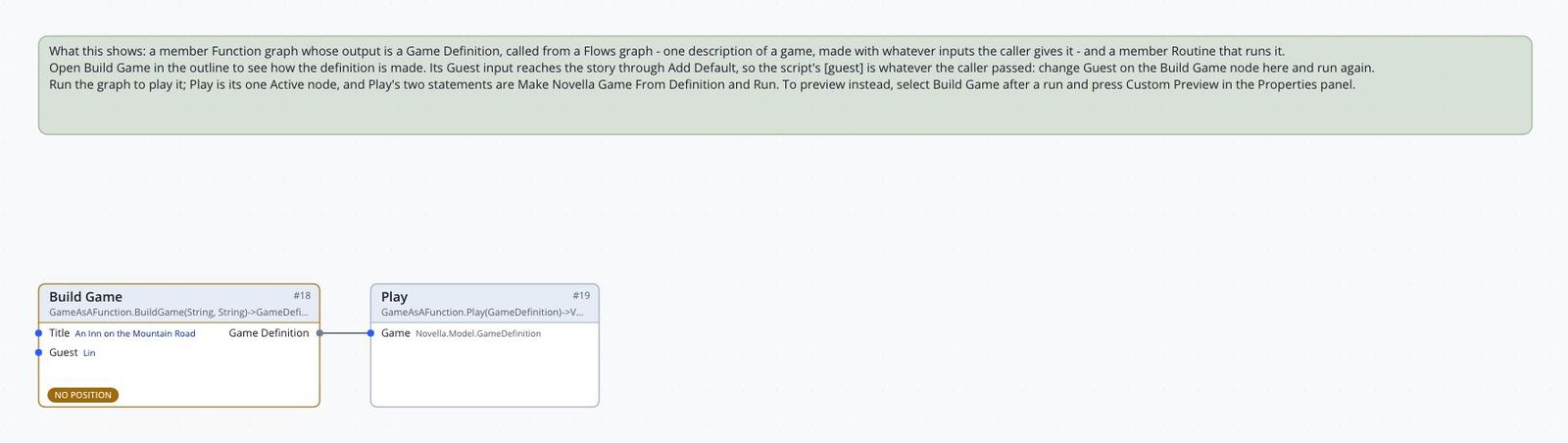 Flows graph: Build Game with a title and a guest name, wired to Play