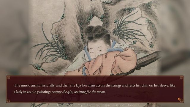 A Qing painting of a lady resting her arms on a qin, under the dialogue window