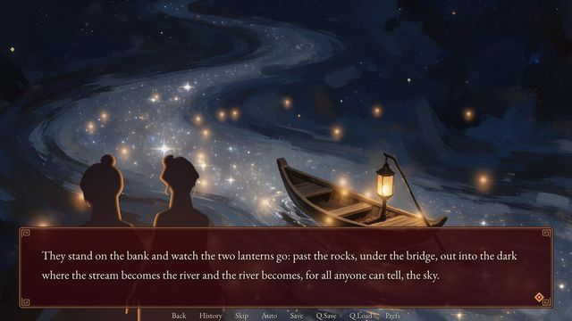 Two silhouettes on a riverbank under a starry sky, watching lanterns float away