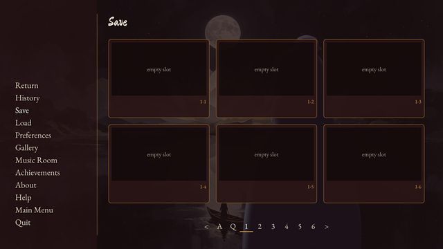 The save screen: six slots on a page, with page tabs